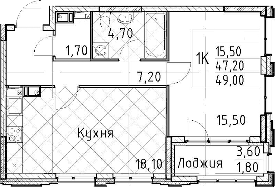 1-комнатная квартира 49 м², 6/13 эт., ЖК «Тайм Сквер»